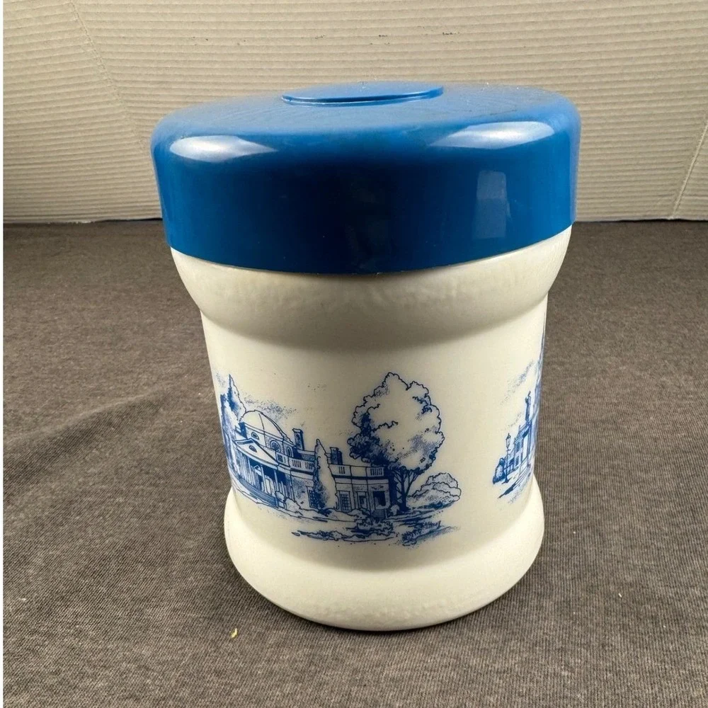 Vintage Blue White Ceramic Canister Pot Holder with‎ Scenic Landscape Design